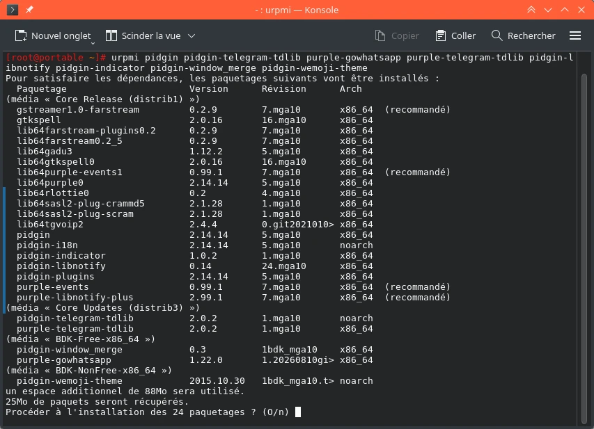 Illustration de l'installation de Pidgin avec urpmi dans Konsole