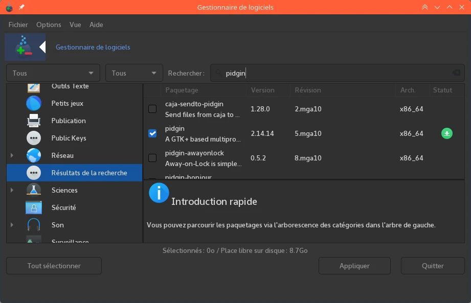 Installation de Pidgin avec le Gestionnaire de logiciels de Mageia