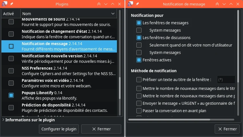 Fenêtre Plugins de Pidgin avec "Notifications de messages" et "Popups Libnotify" sélectionnés. Et fenêtres des notifications.