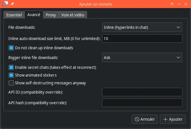 Fenêtre de Pidgin de configuration d'un compte Telegram, onglet Avancé.