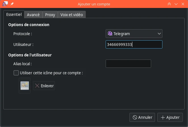 Fenêtre de Pidgin de configuration d'un compte Telegram.