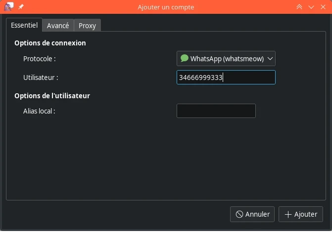 Fenêtre de Pidgin de configuration d'un compte WhatsApp.